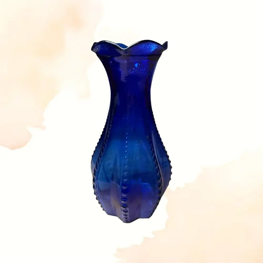 Vintage Indiana Glass Cobalt Blue Beaded Panel Bud Vase Ruffled Rim MCM